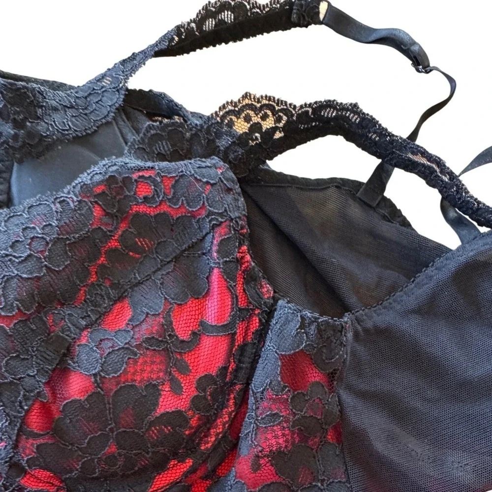 Y2K Victoria Secret Lingerie Set Women S Red Black Lace Satin Robe Slip Babydoll - Picture 11 of 16